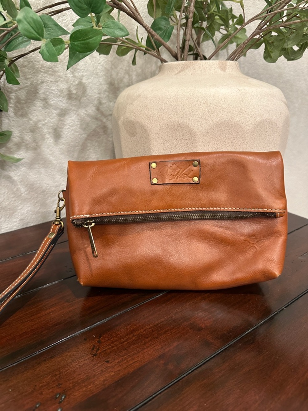 Patricia Nash Cognac Brown Leather Clutch Bag with Brass Hardware